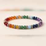 Close-up of seven chakra colour gemstone beads with silver spacers