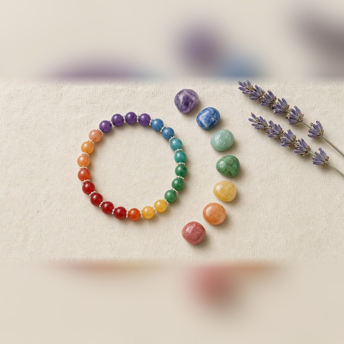 7 Chakra bracelet with matching chakra tumbled stones and lavender