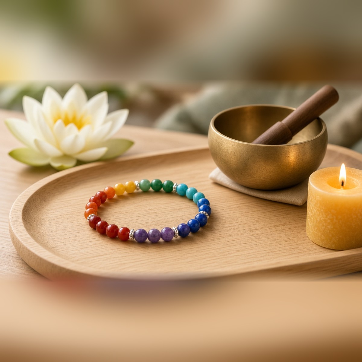 7 Chakra bracelet with singing bowl, candle and lotus for meditation