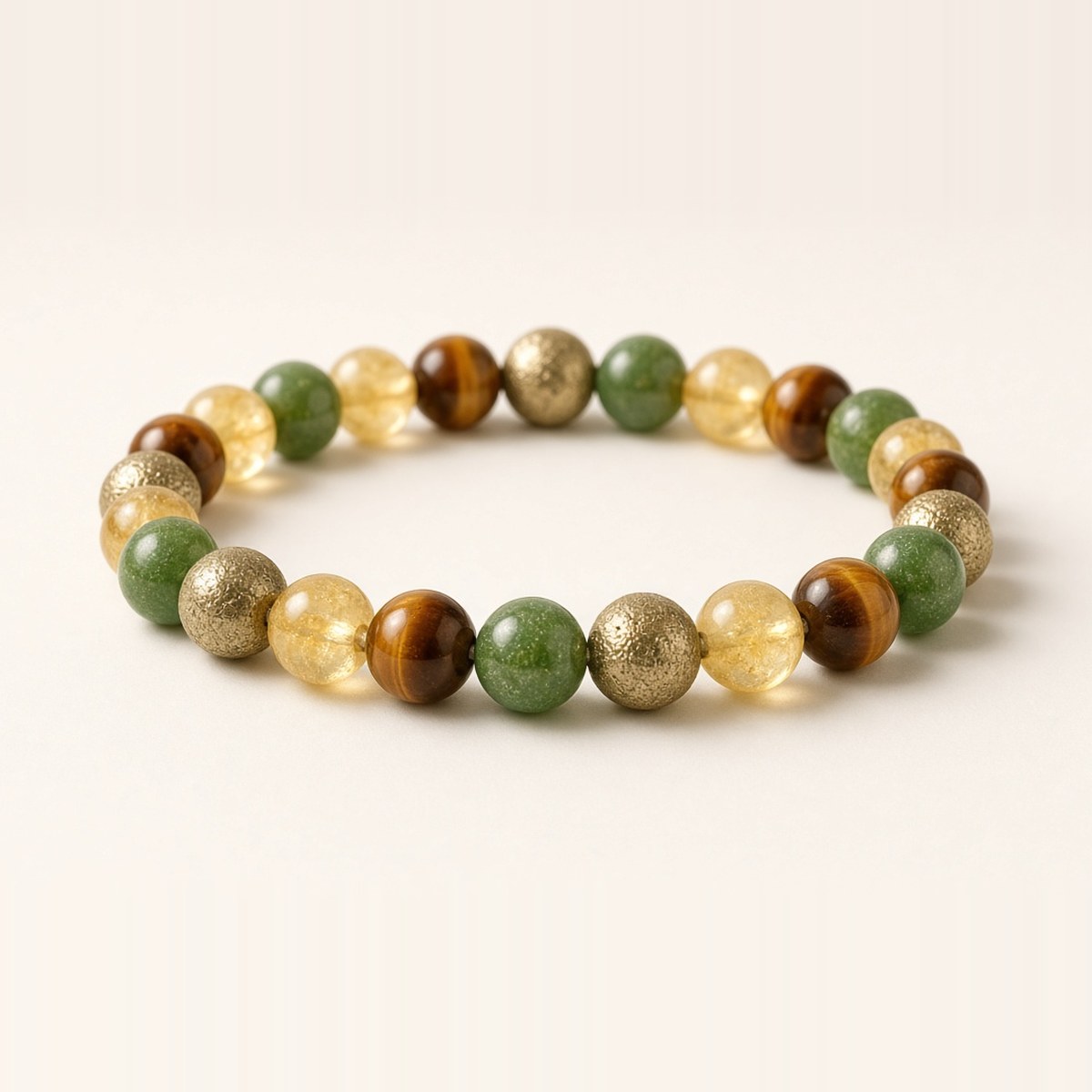 Multi-gemstone Dhan Yog bracelet with pyrite, citrine, green aventurine and tiger eye beads