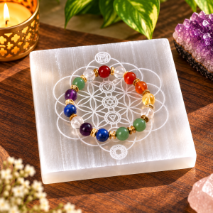 Manka Selenite 7 Chakra Flower of Life Charging Plate | Sacred Geometry Crystal Cleansing & Reiki Healing Plate