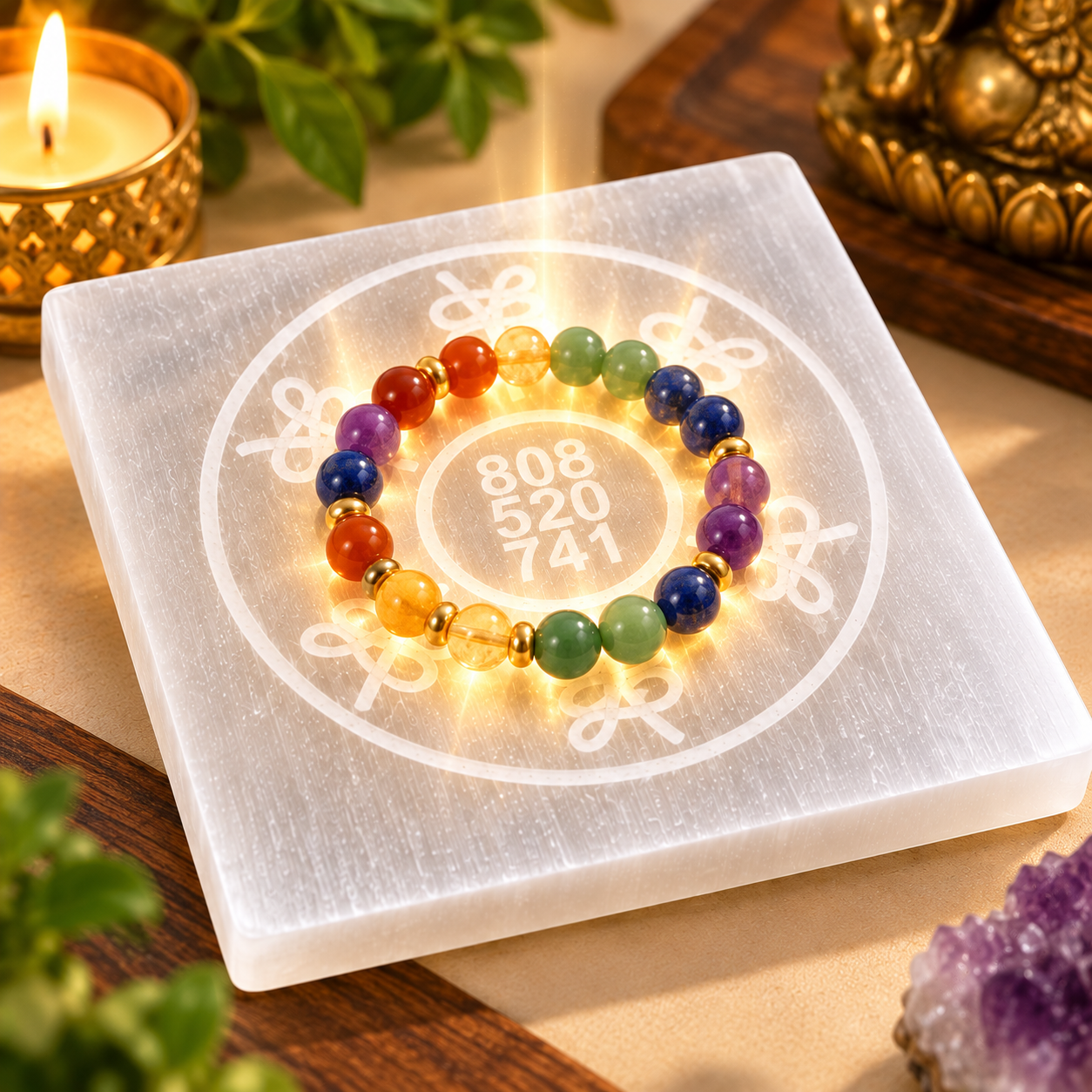 Manka Selenite Angel Number 808 520 741 Charging Plate | Engraved Crystal Cleansing & Reiki Energy Plate