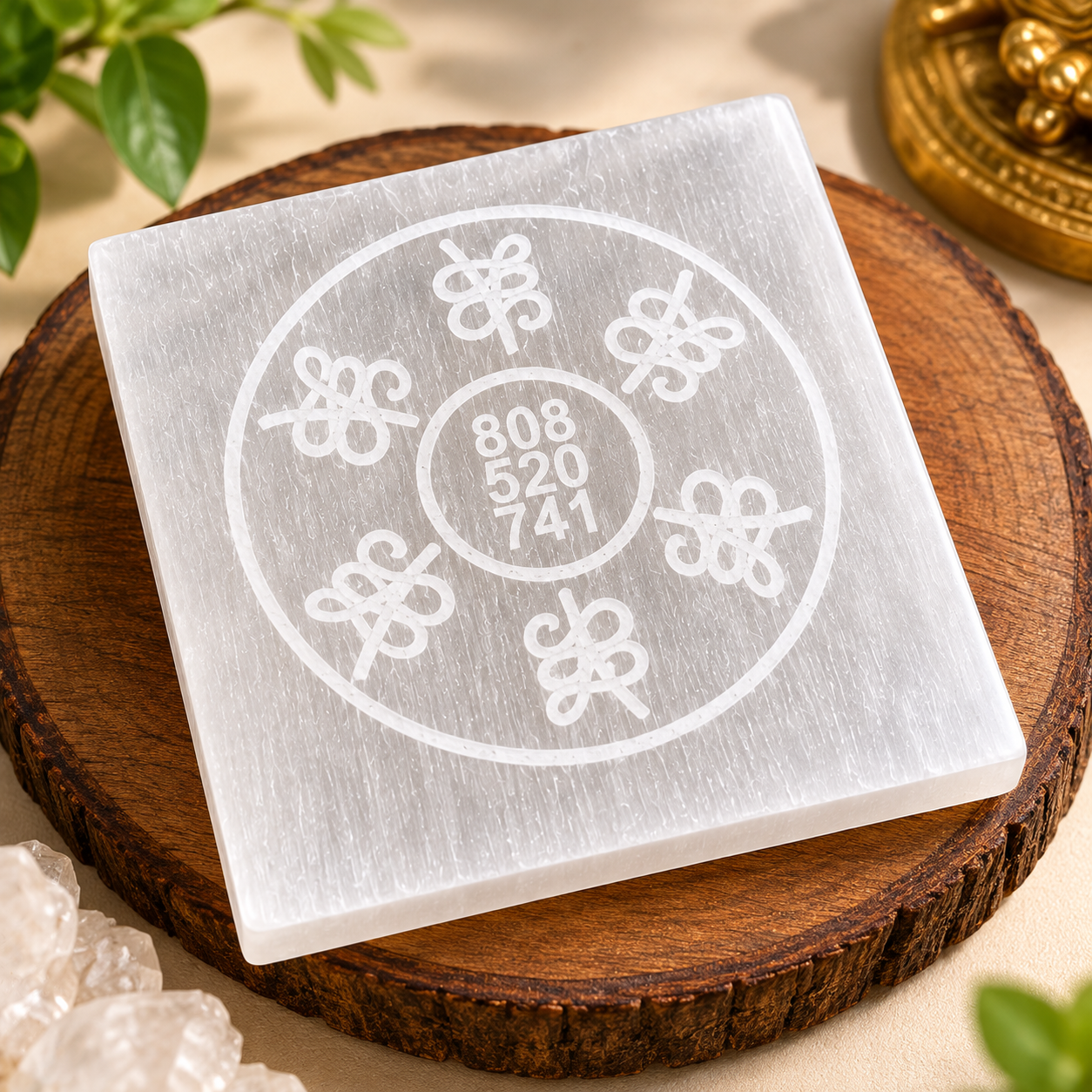 Manka Selenite Angel Number 808 520 741 Charging Plate | Engraved Crystal Cleansing & Reiki Energy Plate