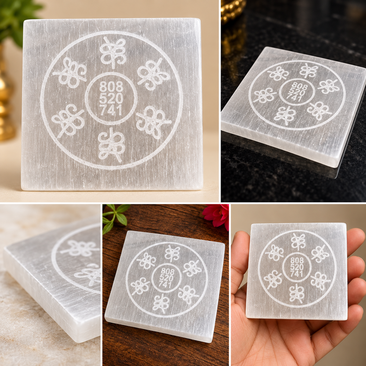 Manka Selenite Angel Number 808 520 741 Charging Plate | Engraved Crystal Cleansing & Reiki Energy Plate