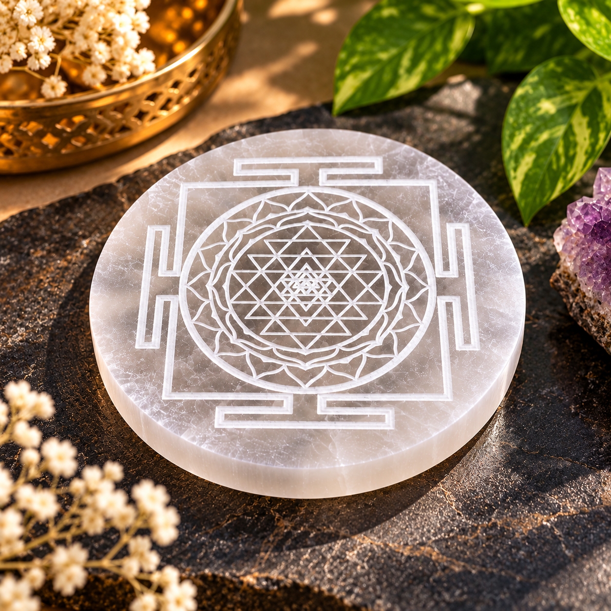 Manka Selenite Shri Yantra Charging Plate | Sacred Geometry Crystal Cleansing & Reiki Meditation Plate