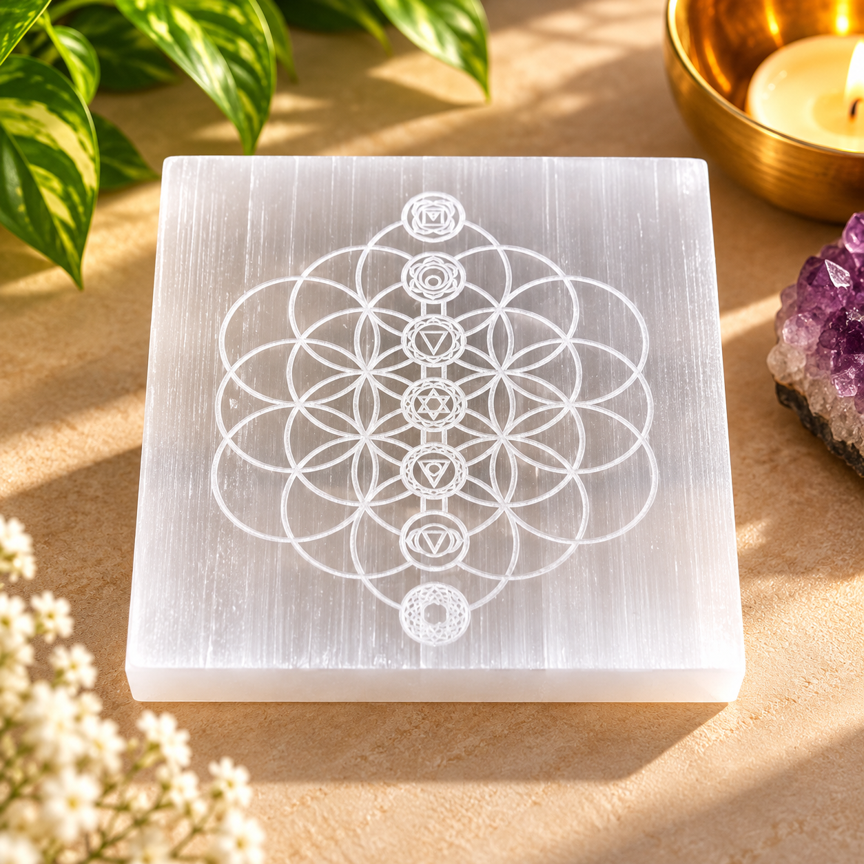 Manka Selenite 7 Chakra Flower of Life Charging Plate | Sacred Geometry Crystal Cleansing & Reiki Healing Plate