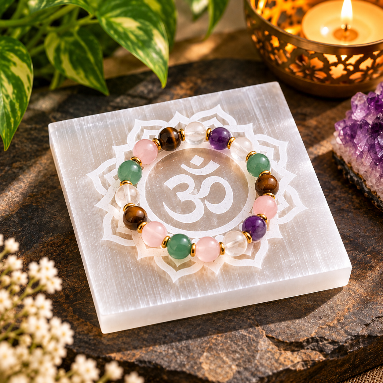 Manka Selenite Om Mandala Charging Plate | Crystal Bracelet Cleansing & Reiki Meditation Plate