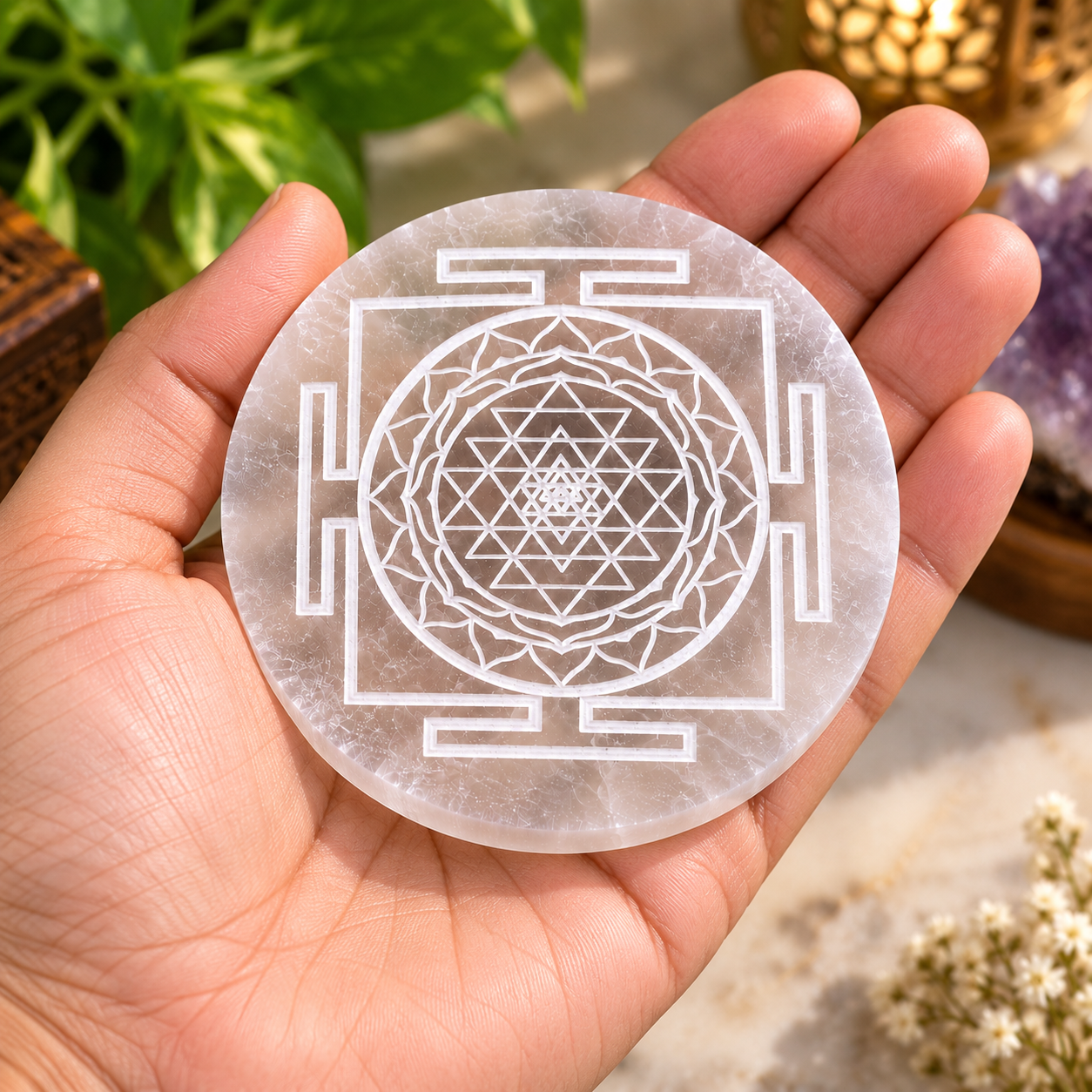 Manka Selenite Shri Yantra Charging Plate | Sacred Geometry Crystal Cleansing & Reiki Meditation Plate