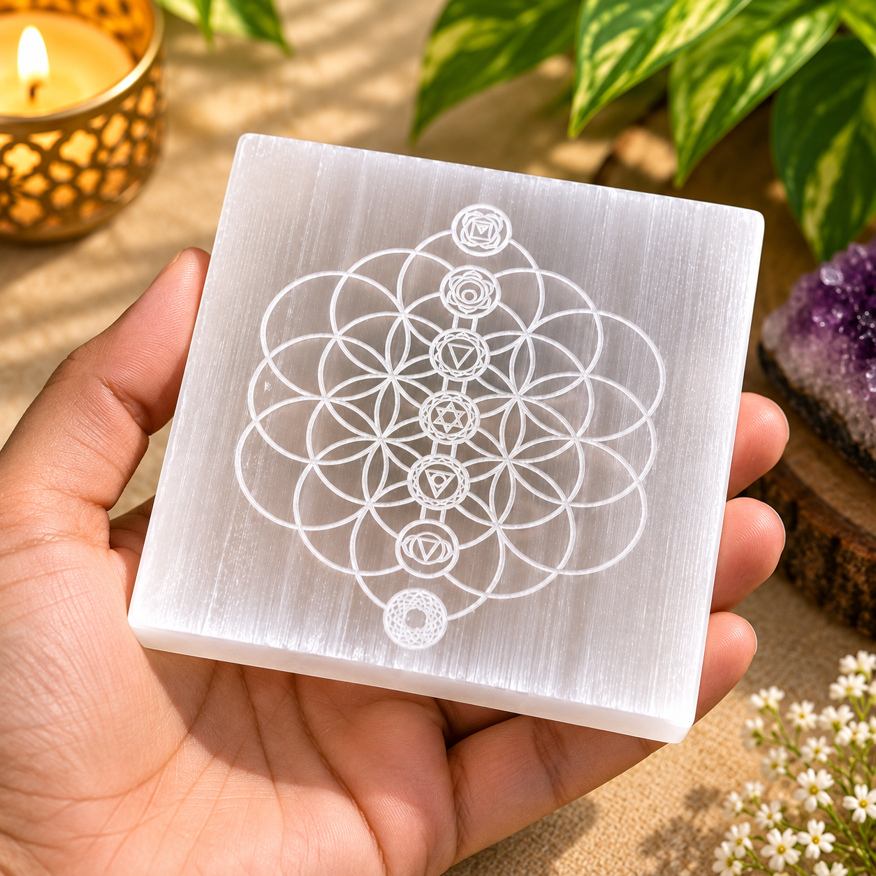 Manka Selenite 7 Chakra Flower of Life Charging Plate | Sacred Geometry Crystal Cleansing & Reiki Healing Plate