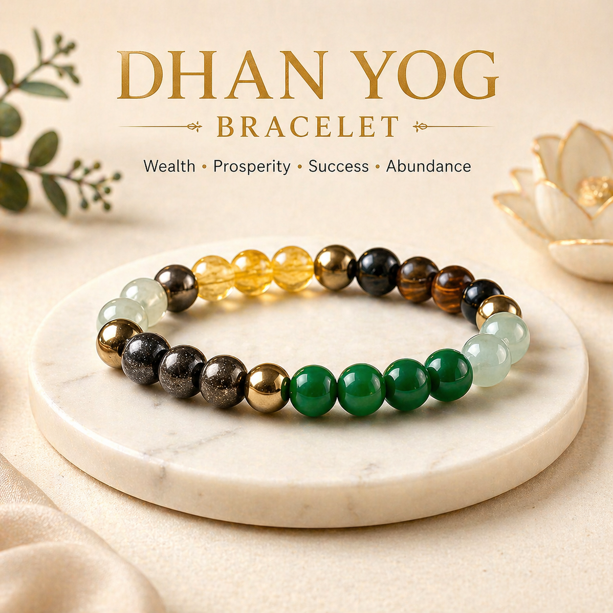 Dhanyog gemstone bracelet arranged on a marble display for wealth and prosperity