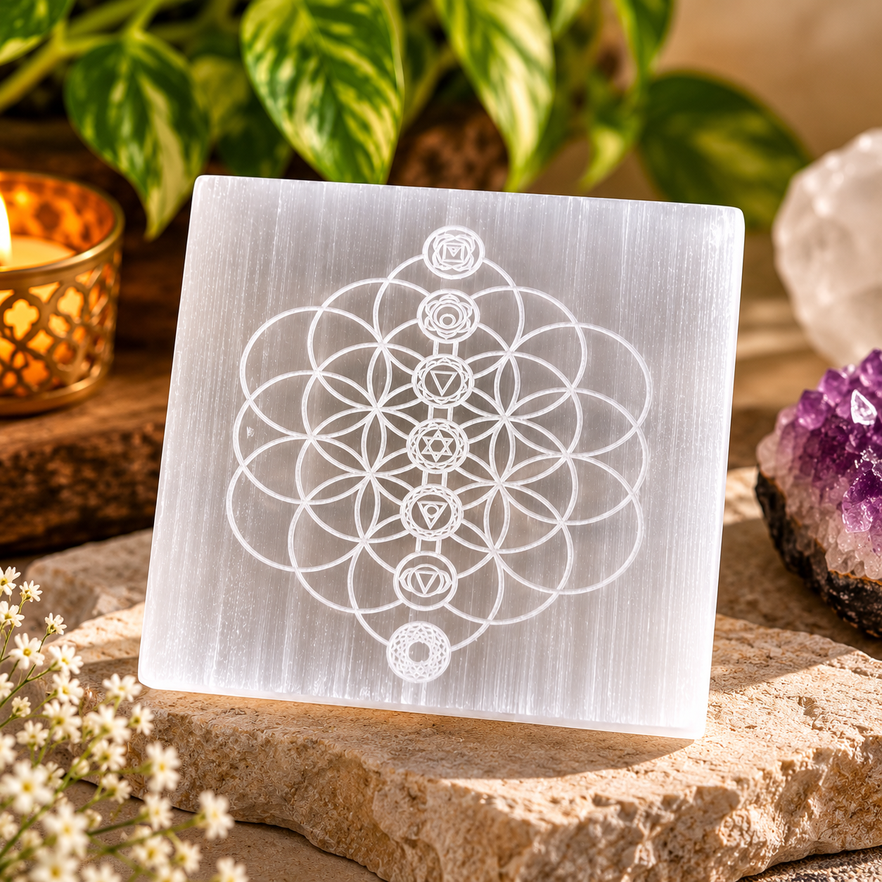 Manka Selenite 7 Chakra Flower of Life Charging Plate | Sacred Geometry Crystal Cleansing & Reiki Healing Plate