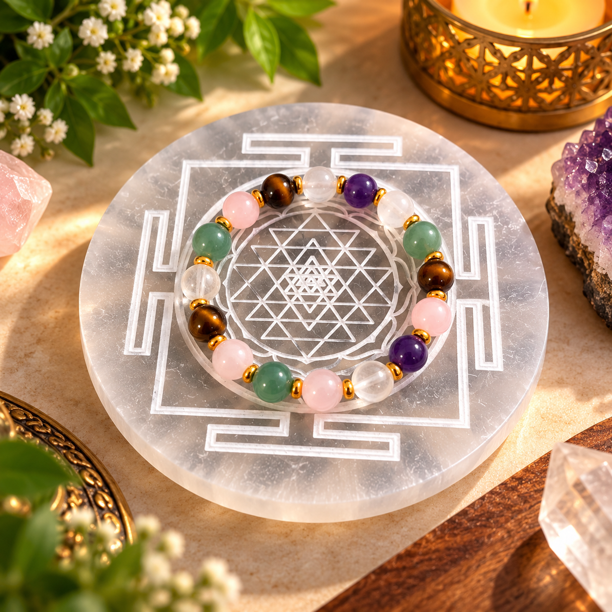 Manka Selenite Shri Yantra Charging Plate | Sacred Geometry Crystal Cleansing & Reiki Meditation Plate