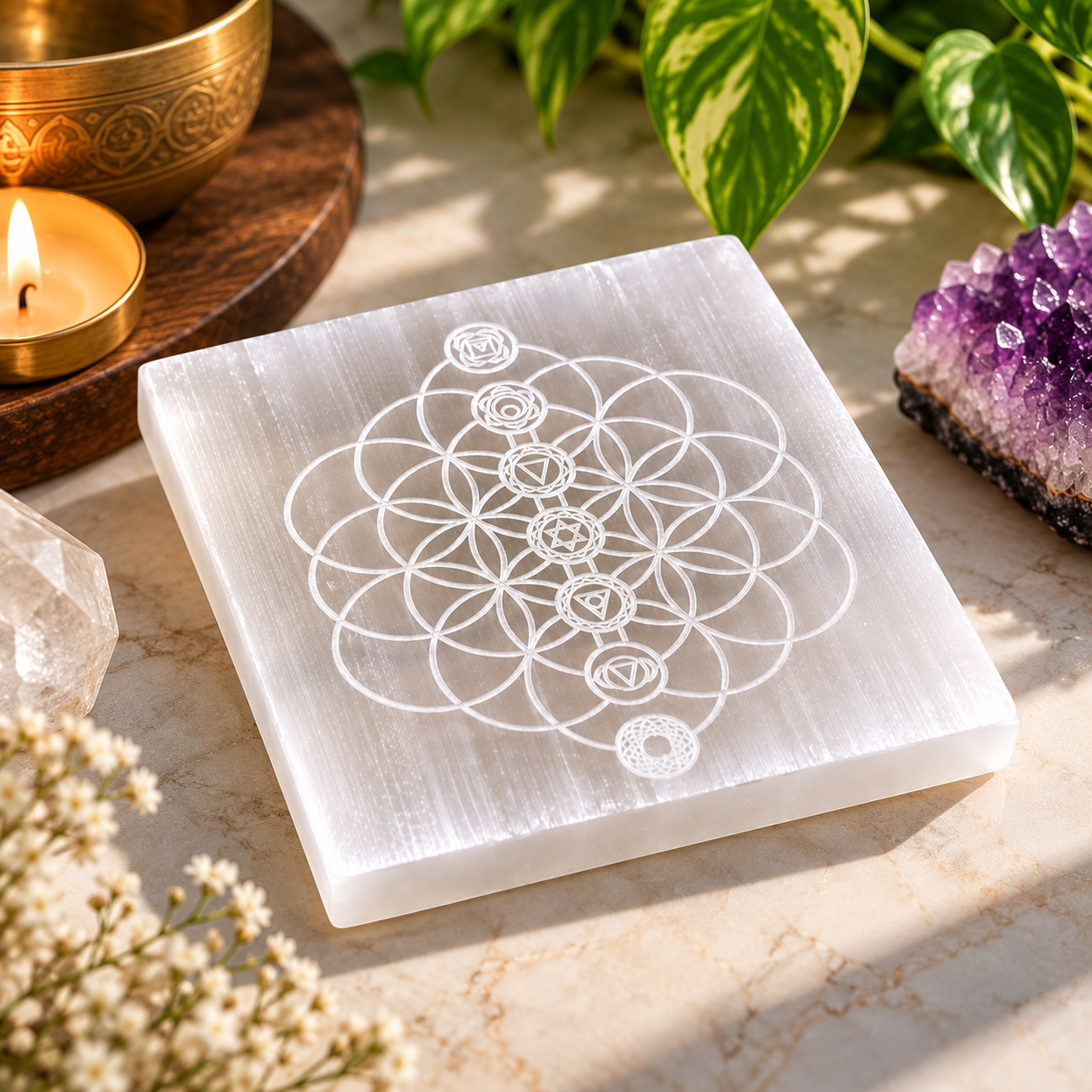 Manka Selenite 7 Chakra Flower of Life Charging Plate | Sacred Geometry Crystal Cleansing & Reiki Healing Plate