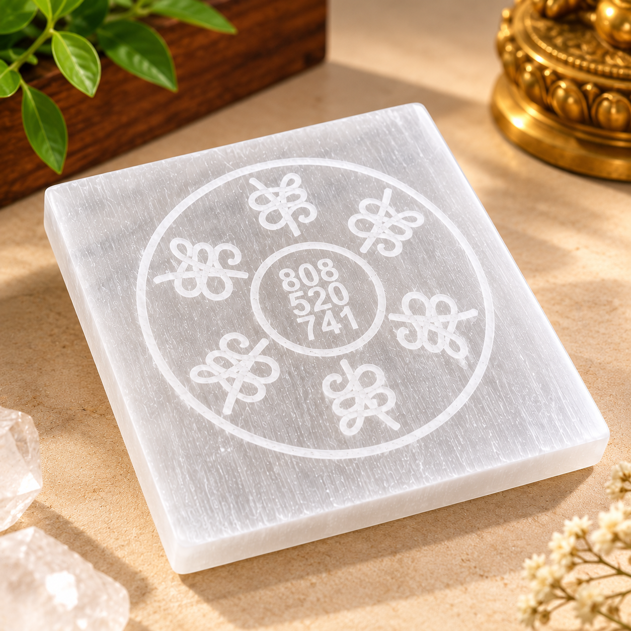 Manka Selenite Angel Number 808 520 741 Charging Plate | Engraved Crystal Cleansing & Reiki Energy Plate