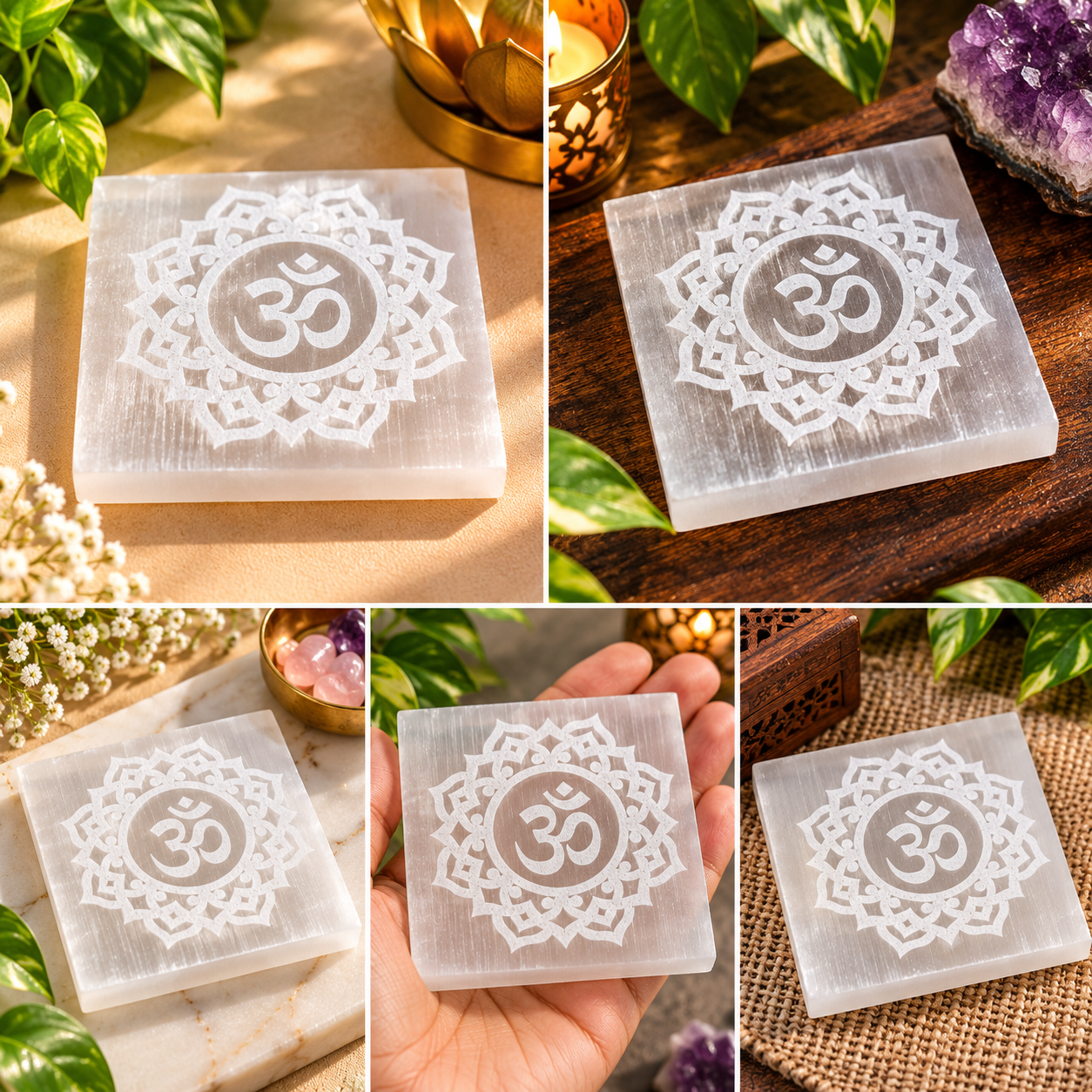 Manka Selenite Om Mandala Charging Plate | Crystal Bracelet Cleansing & Reiki Meditation Plate