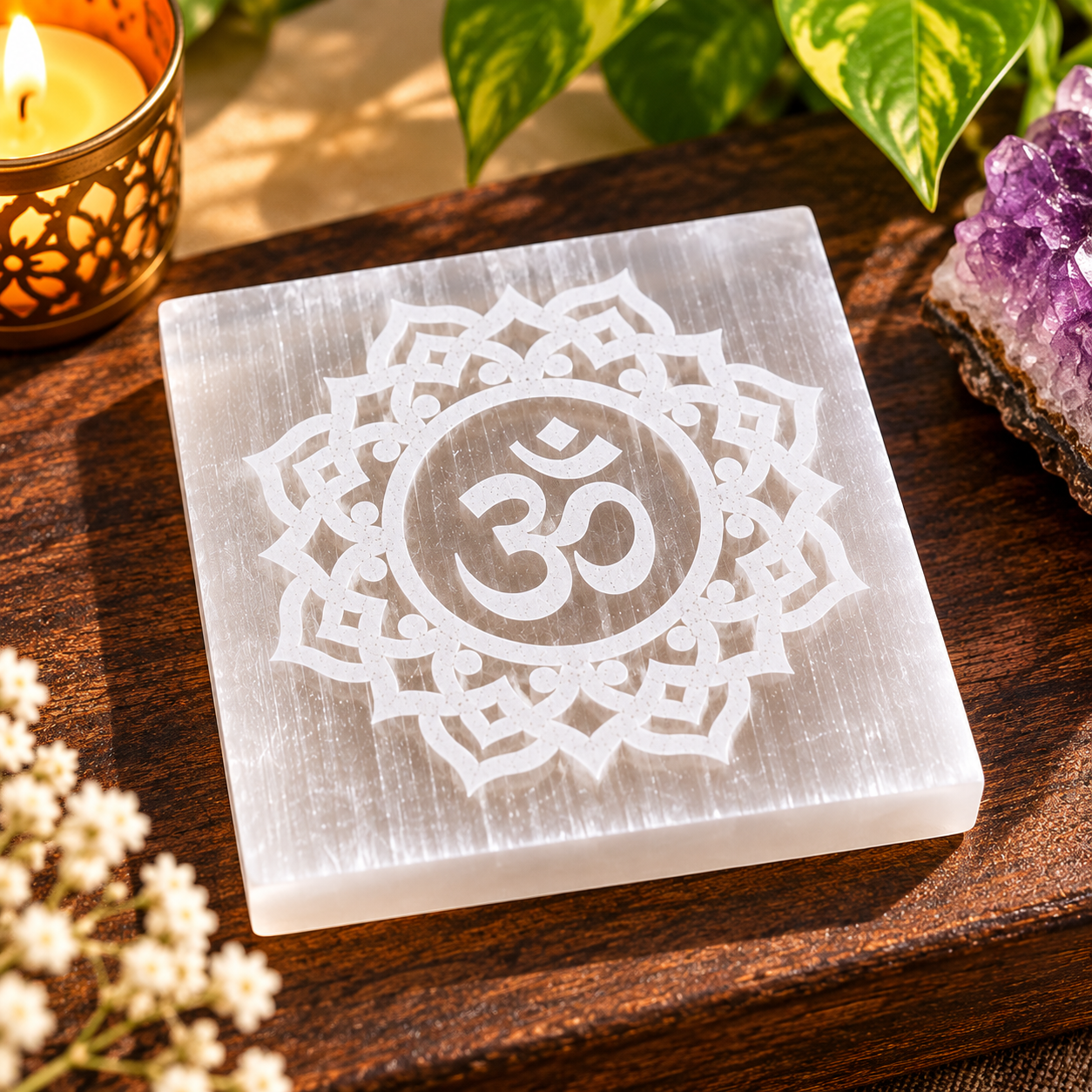 Manka Selenite Om Mandala Charging Plate | Crystal Bracelet Cleansing & Reiki Meditation Plate