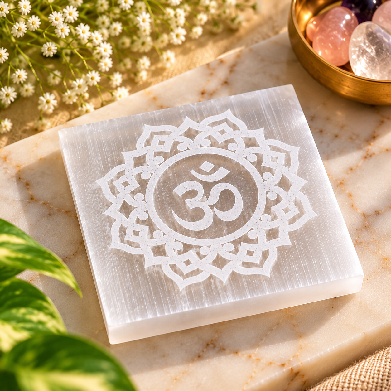 Manka Selenite Om Mandala Charging Plate | Crystal Bracelet Cleansing & Reiki Meditation Plate