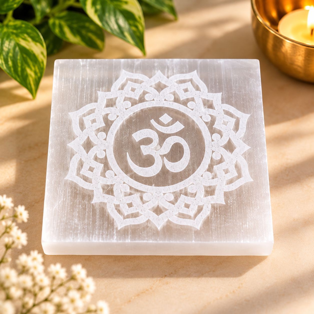 Manka Selenite Om Mandala Charging Plate | Crystal Bracelet Cleansing & Reiki Meditation Plate
