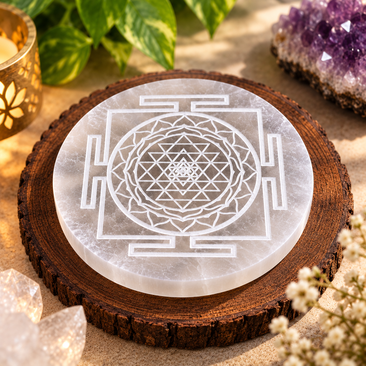 Manka Selenite Shri Yantra Charging Plate | Sacred Geometry Crystal Cleansing & Reiki Meditation Plate