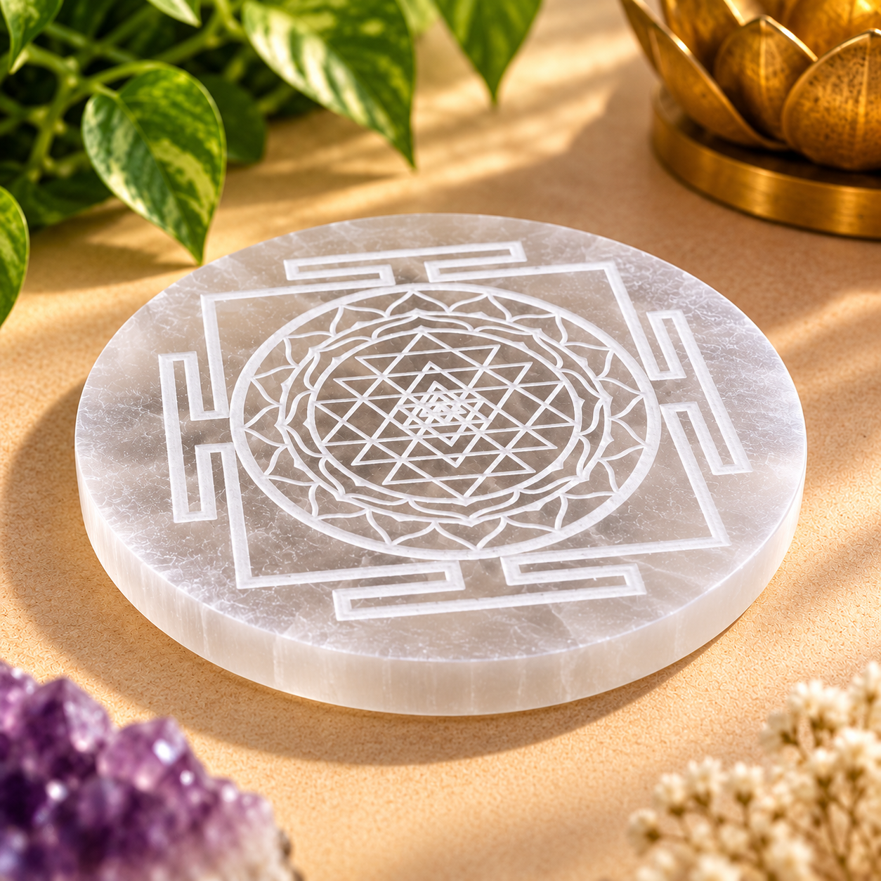 Manka Selenite Shri Yantra Charging Plate | Sacred Geometry Crystal Cleansing & Reiki Meditation Plate