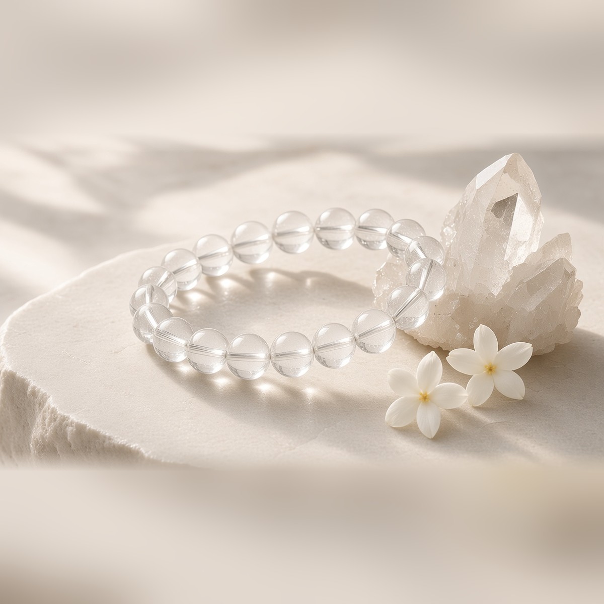 Clear Quartz bracelet beside a raw quartz cluster and jasmine
