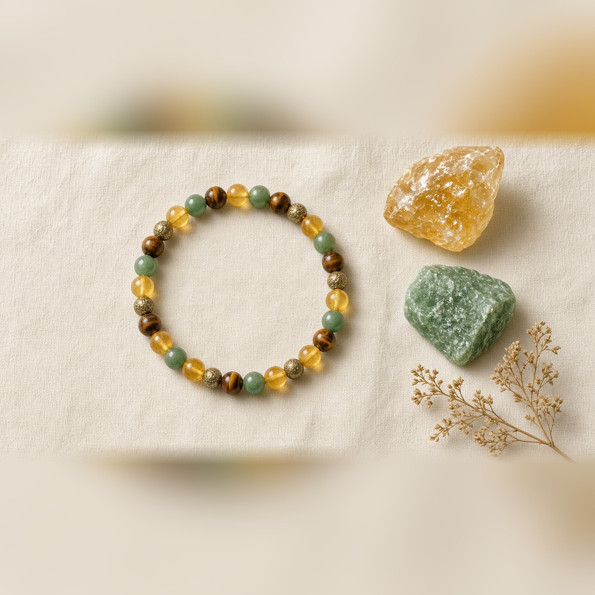 Dhan Yog bracelet with raw citrine and green aventurine stones