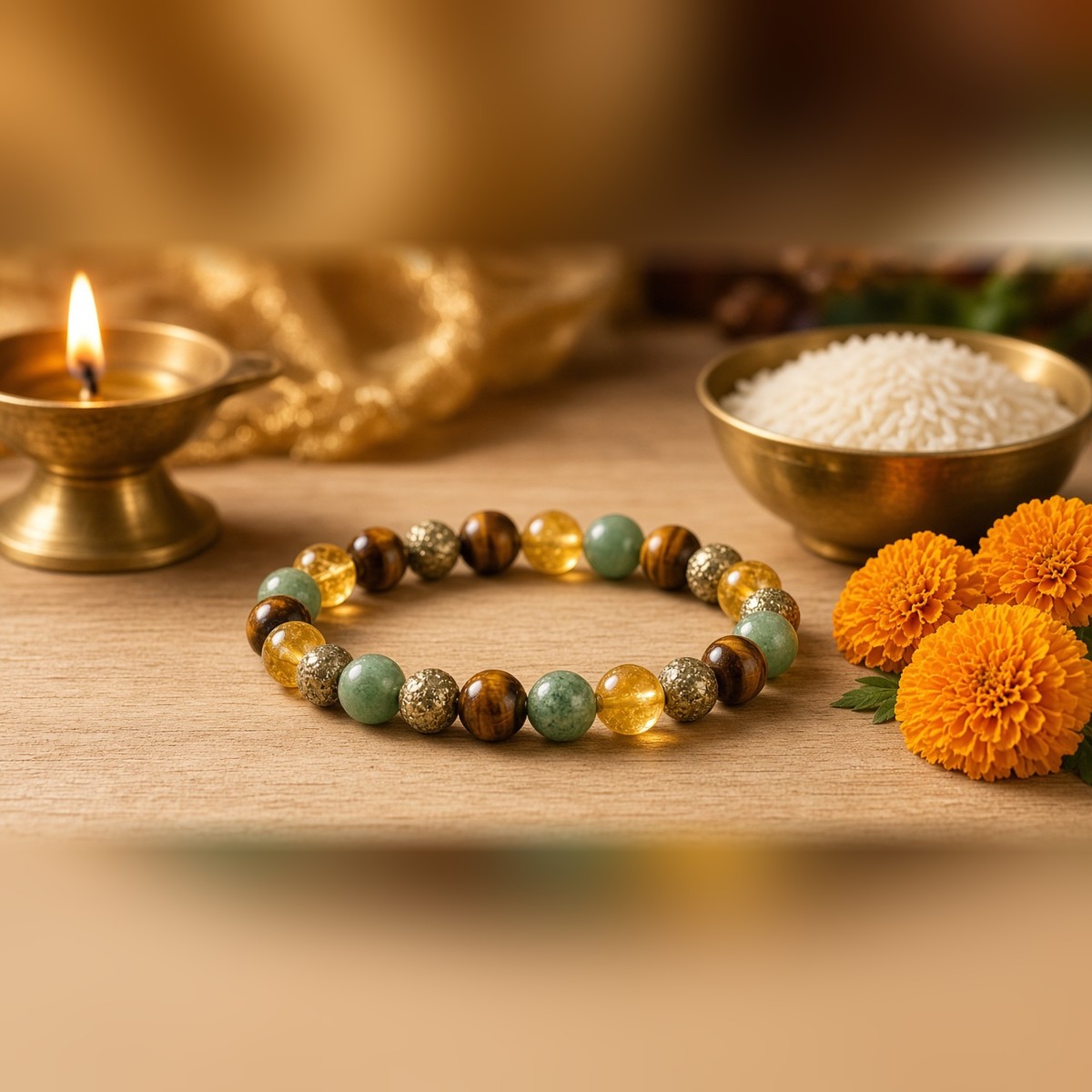 Dhan Yog bracelet with brass diya, rice and marigold for prosperity