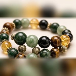 Close-up of green jade, tiger eye, black onyx, citrine and pyrite beads on Manka Dhanyog Bracelet