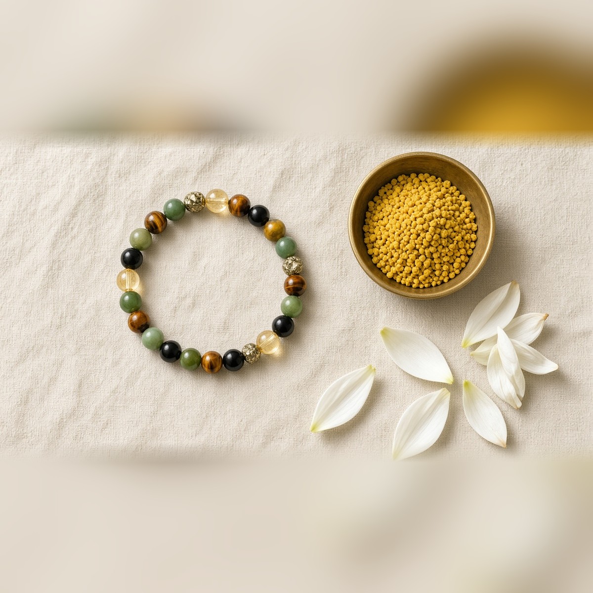 Dhanyog bracelet with a brass bowl of rice and white petals