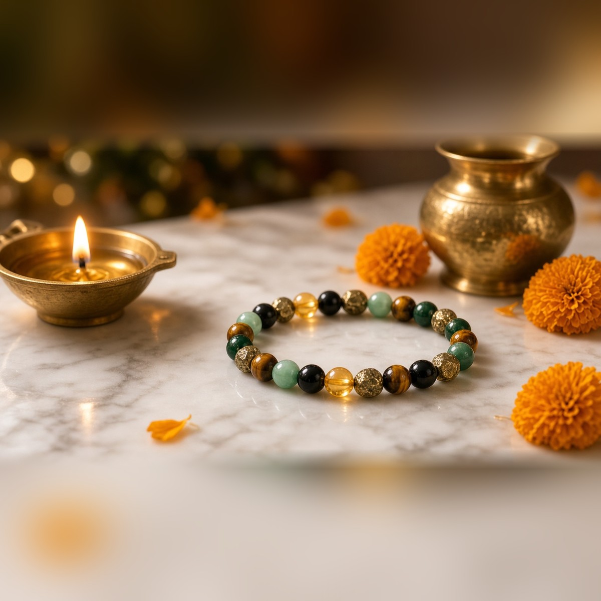 Dhanyog bracelet with brass diya, kalash and marigold for prosperity