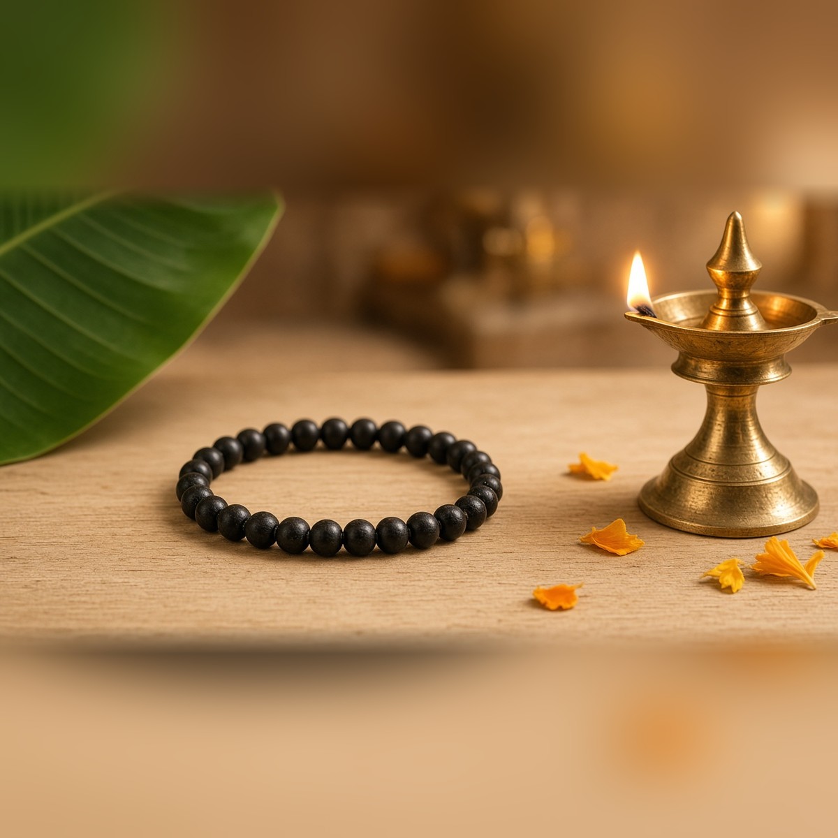 Karungali bracelet beside a brass oil lamp and marigold petals