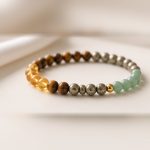 Close-up of citrine, tiger eye, pyrite and green aventurine beads on Manka Money Magnet Bracelet