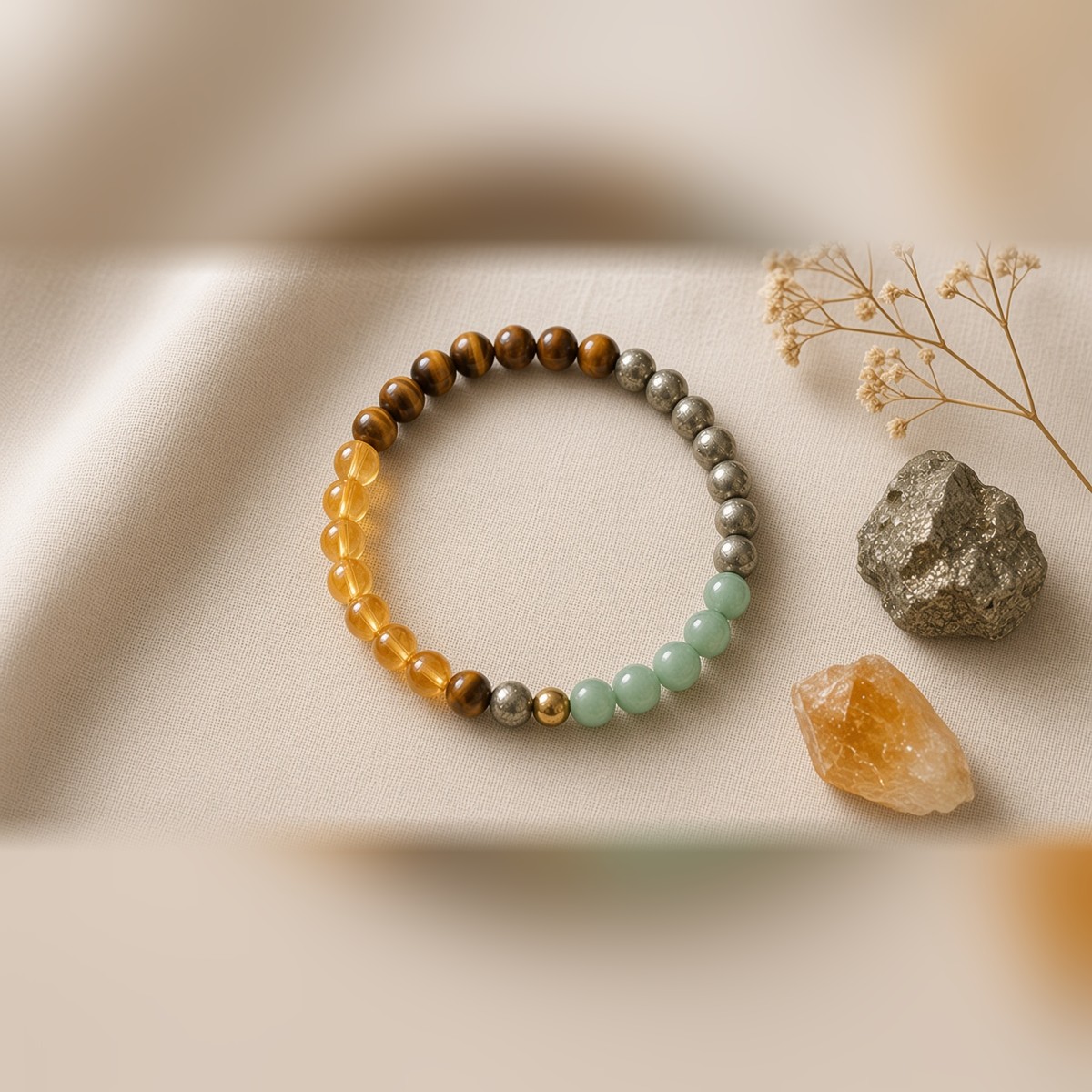 Money Magnet bracelet with raw pyrite and citrine stones on linen