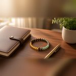 Money Magnet bracelet on a work desk with planner and money plant