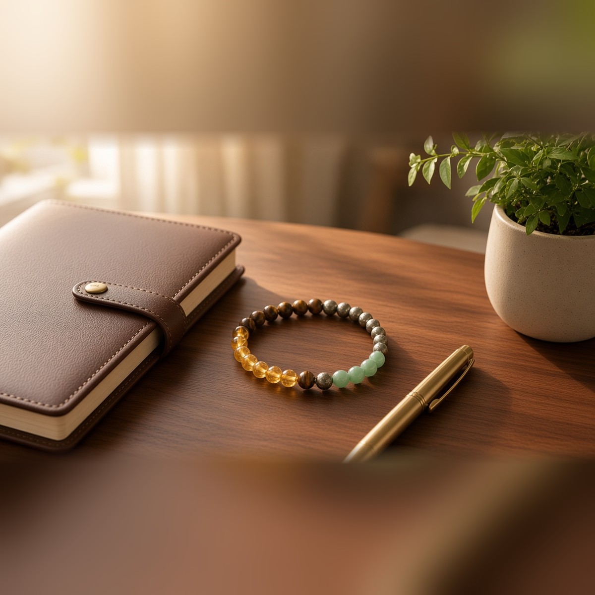 Money Magnet bracelet on a work desk with planner and money plant