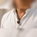 Om Rudraksha Pendant on an adjustable black cord worn around the neck – Manka