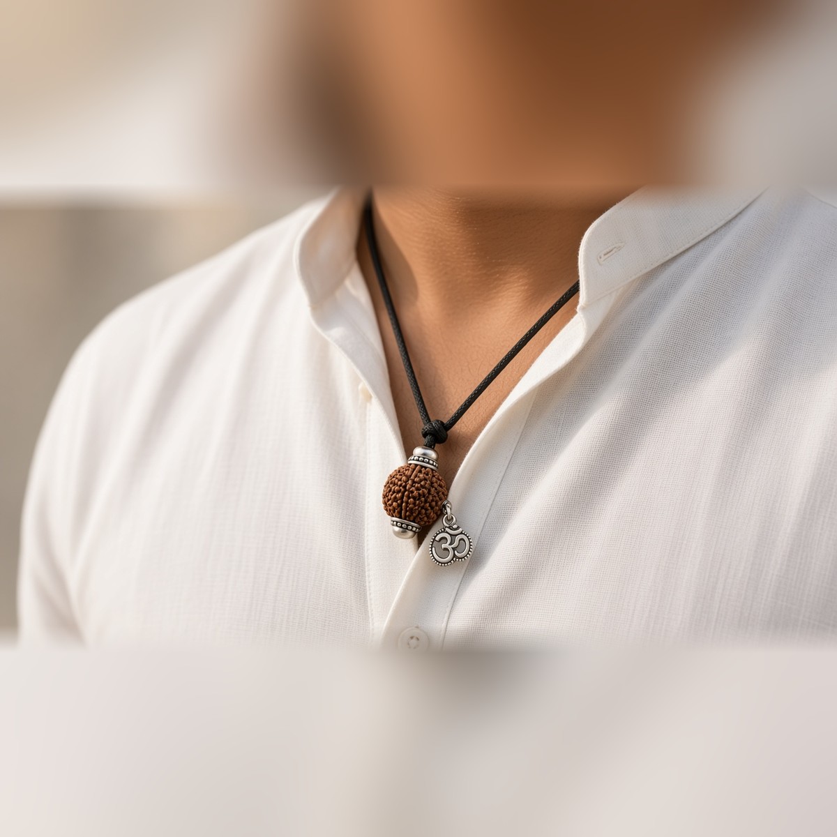 Om Rudraksha Pendant on an adjustable black cord worn around the neck – Manka