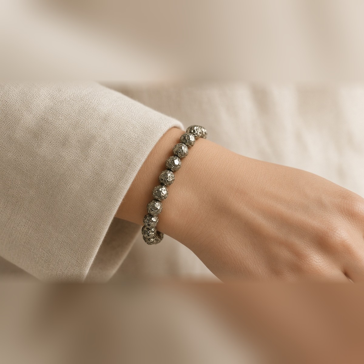 Manka Pyrite Bracelet worn on the wrist