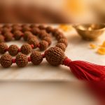 Close-up of 5 mukhi rudraksha beads knotted on red thread in the Manka Rudraksha Jaap Mala