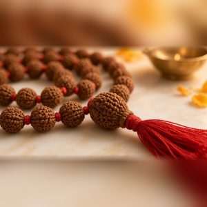 Close-up of 5 mukhi rudraksha beads knotted on red thread in the Manka Rudraksha Jaap Mala