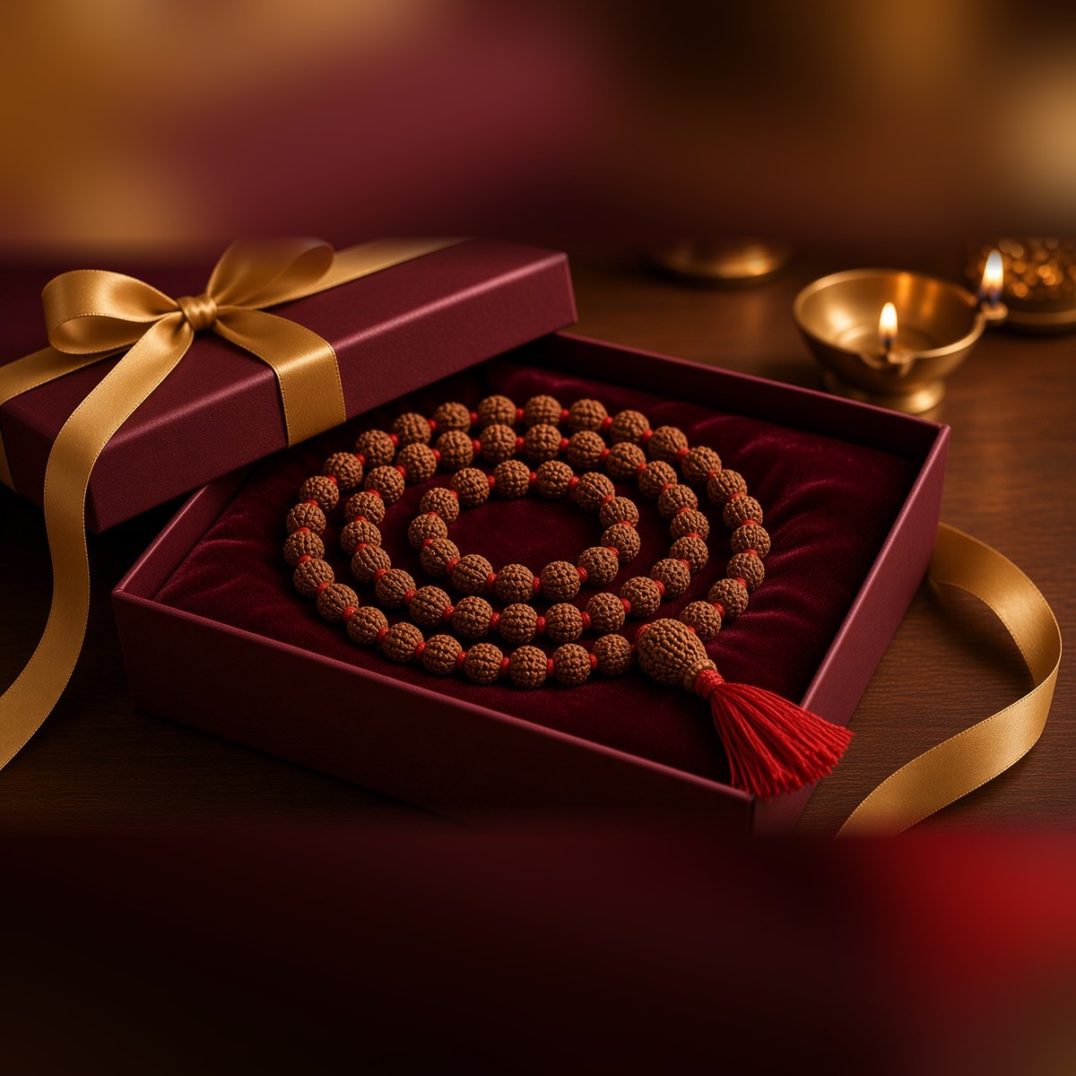 5 Mukhi Rudraksha Jaap Mala with red tassel in a premium Manka gift box