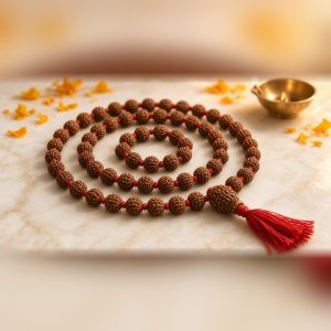 5 Mukhi Rudraksha Jaap Mala with 108 brown beads, red thread and red tassel – Manka