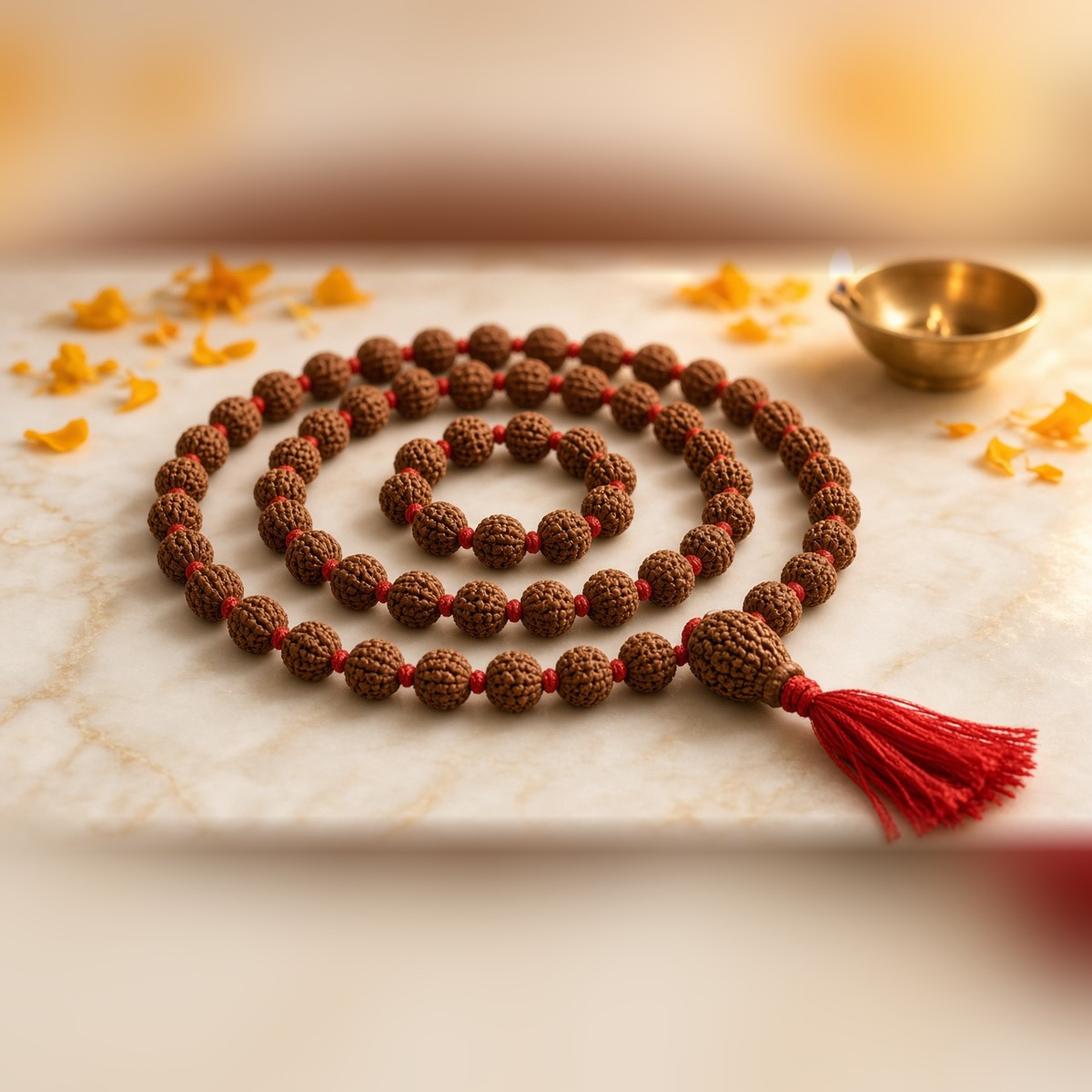 5 Mukhi Rudraksha Jaap Mala with 108 brown beads, red thread and red tassel – Manka