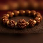 Close-up of rudraksha beads with gold-tone metal caps in the Manka Rudraksha Kantha Mala