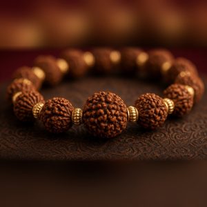 Close-up of rudraksha beads with gold-tone metal caps in the Manka Rudraksha Kantha Mala