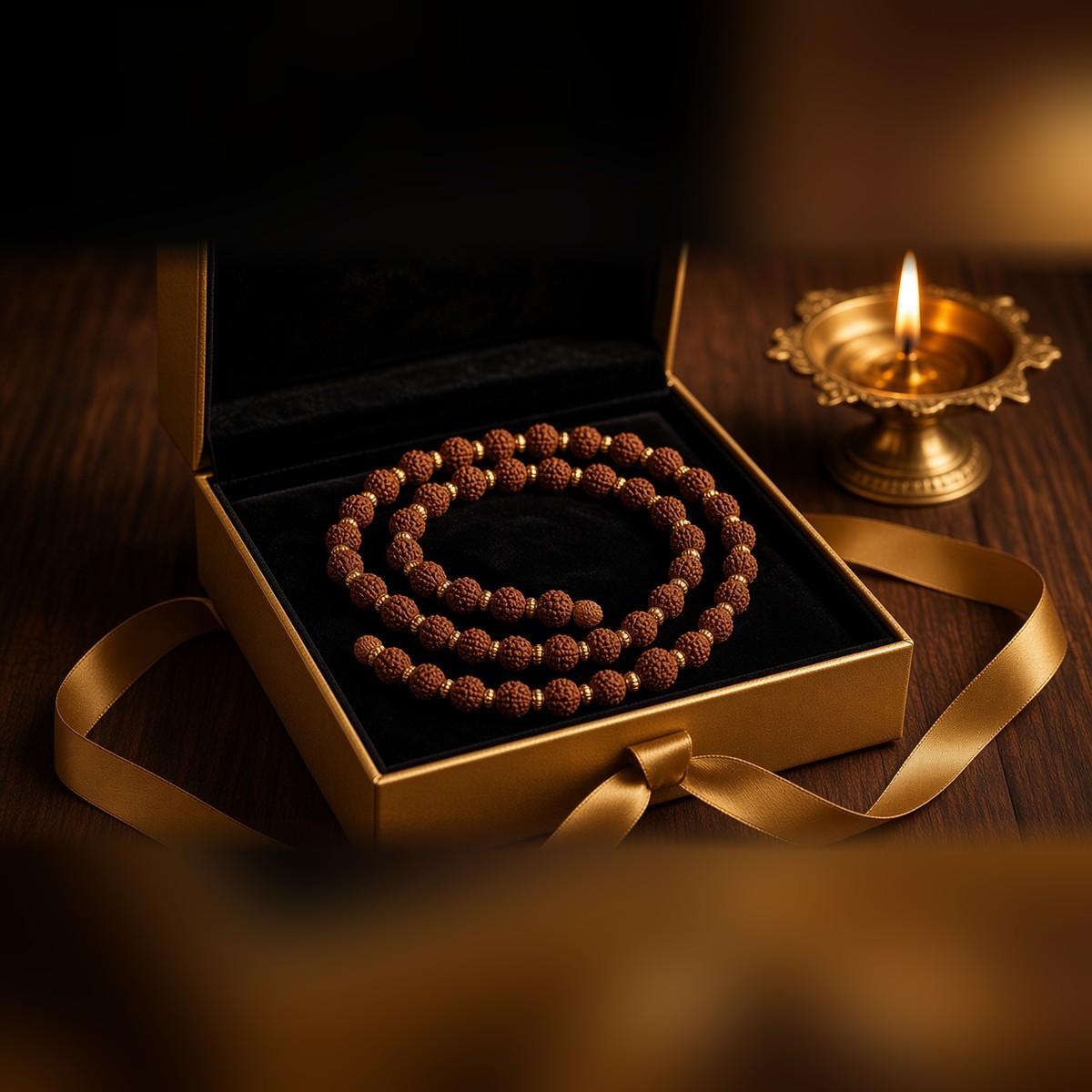 Rudraksha Kantha Mala with gold-tone accents in a premium Manka gift box