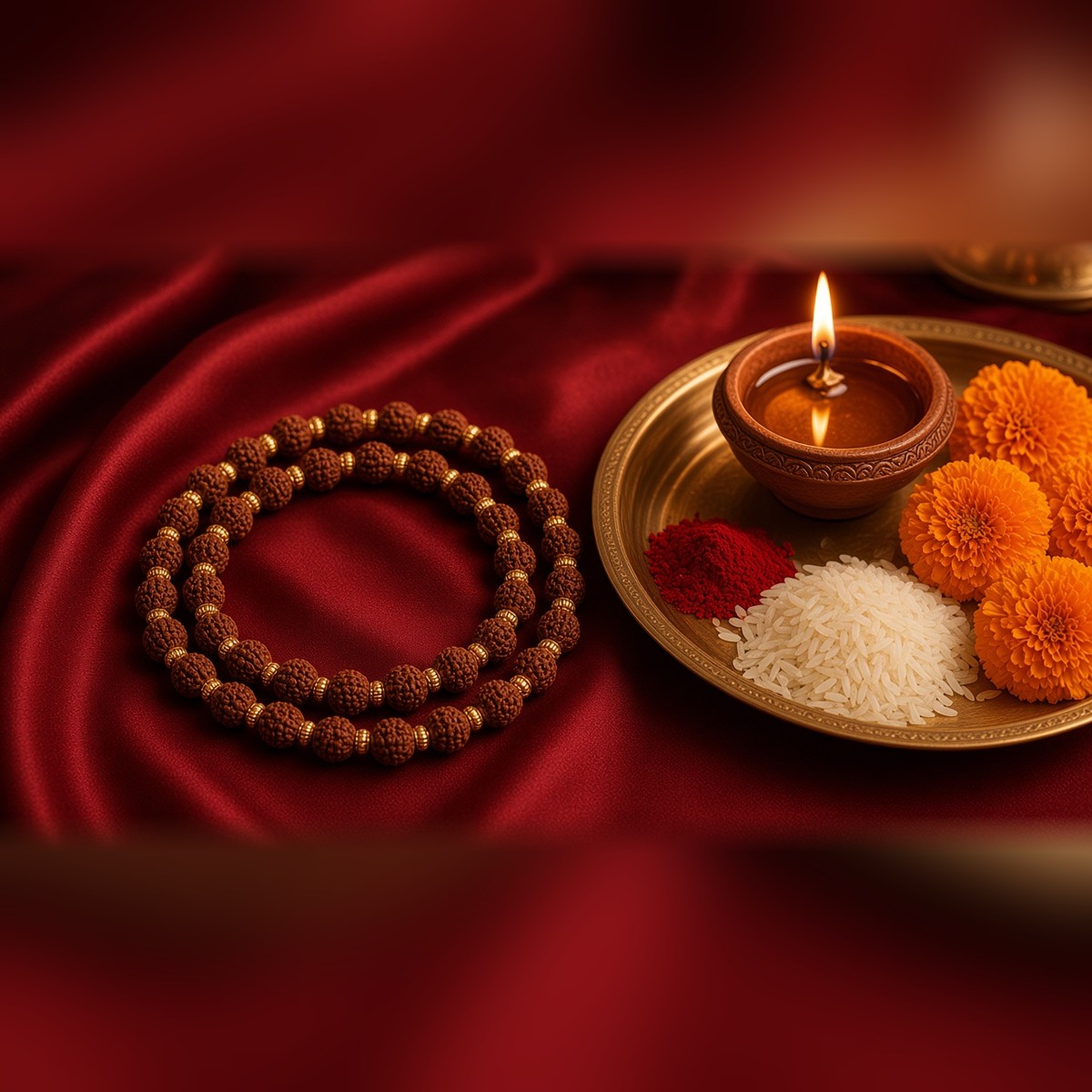 Manka Rudraksha Kantha Mala on a puja altar with a lit diya and fresh flowers