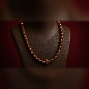 Rudraksha Kantha Mala with 54 brown beads, gold-tone caps and gold-tone guru bead – Manka