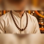 Hands holding the Manka Rudraksha Kantha Mala in prayer, showing its gold-tone accents