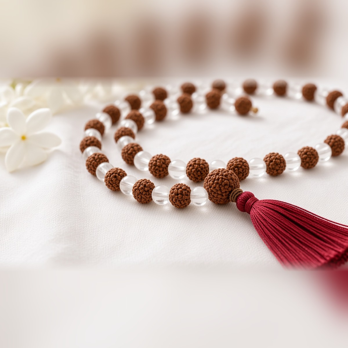 Close-up of alternating 5 mukhi rudraksha and clear sphatik beads in the Manka Rudraksha Sphatik Mala